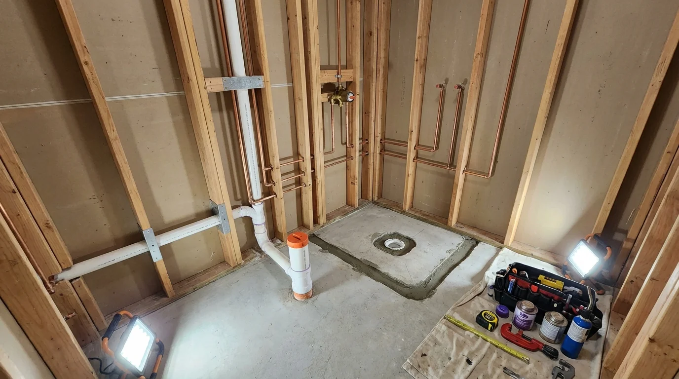 Bathroom rough-in plumbing during remodel by Johns Plumbing LLC in Two Rivers