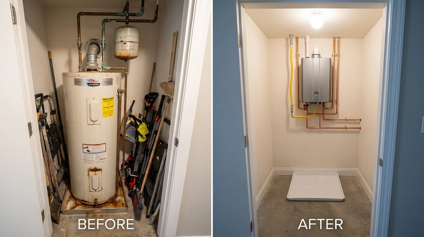 Tank water heater versus wall-mounted tankless unit comparison for Two Rivers, WI homeowners