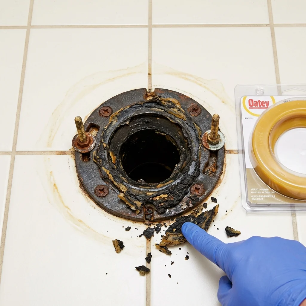 Failed wax ring showing water seepage at the base of a toilet in a Two Rivers, WI home